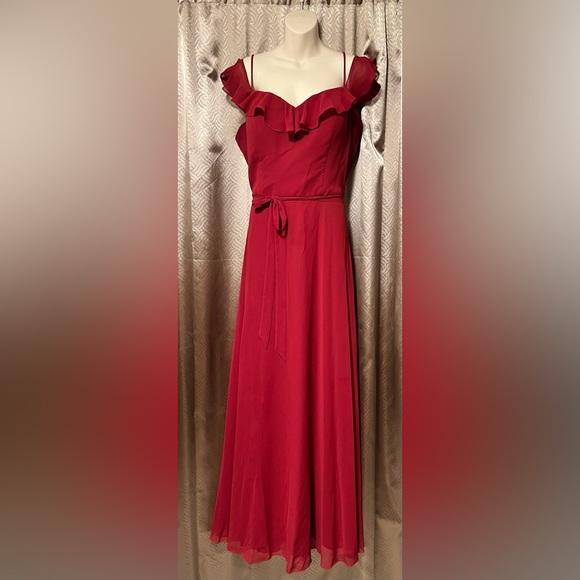 Red Bridesmaid Dress with Off The Shoulder Ruffles - Picture 1 of 5